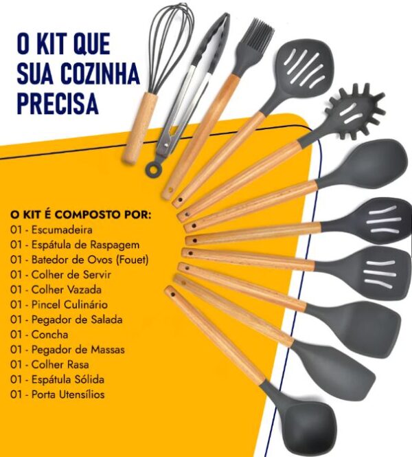 Kit 12 Utensílios De Cozinha Em Silicone E Cabo De Madeira - Image 3