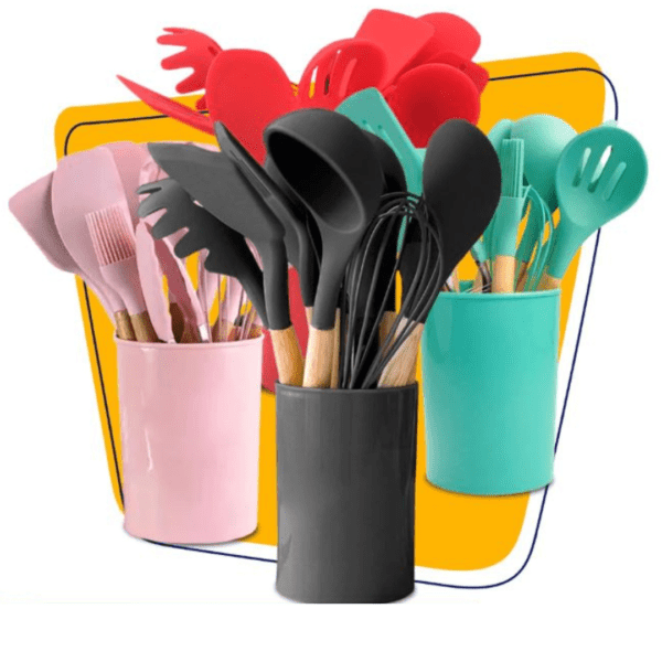 Kit 12 Utensílios De Cozinha Em Silicone E Cabo De Madeira